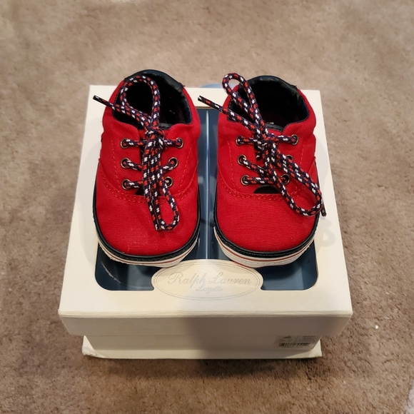 Ralph Lauren Layette Baby Red Canvas Vaughn II Shoes with Box - Picture 1 of 7